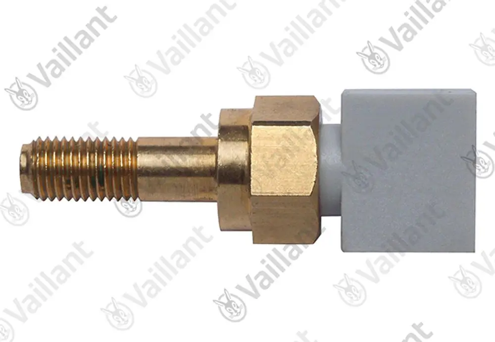 Vaillant NTC-Fühler mit einer goldenen Gewindeverbindung und einem rechteckigen grauen Körper.